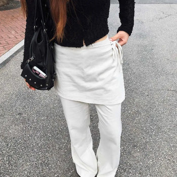 Cotton Low-Rise Wrap Skirt Integrated Layered Loose Fit Side Ribbon Asymmetrical Slit Bootcut Long Pants