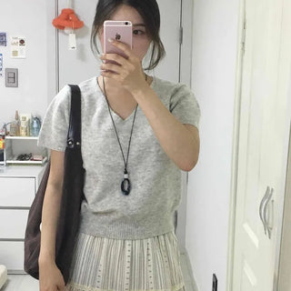 V-Neck Angora Wool Soft Layered Short Sleeve Tee