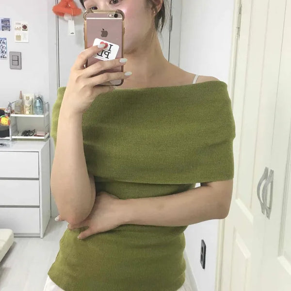 Off-shoulder Layered Short Sleeve Slim Fit Knit