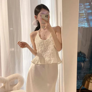 Rose Embroidered Semi-Crop Halter Neck Blouse