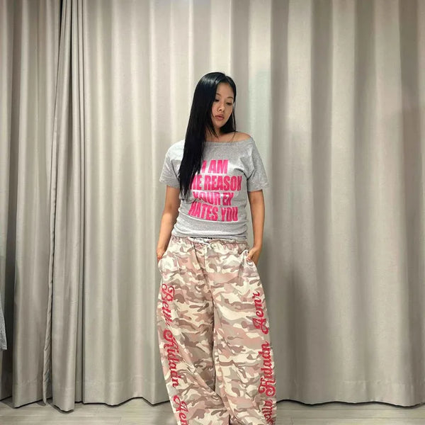 Camouflage Silk Elastic String Side Lettering Pocket Wide Loose Fit Long Pants