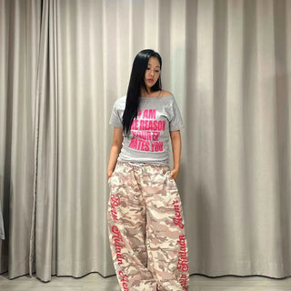 Camouflage Silk Elastic String Side Lettering Pocket Wide Loose Fit Long Pants