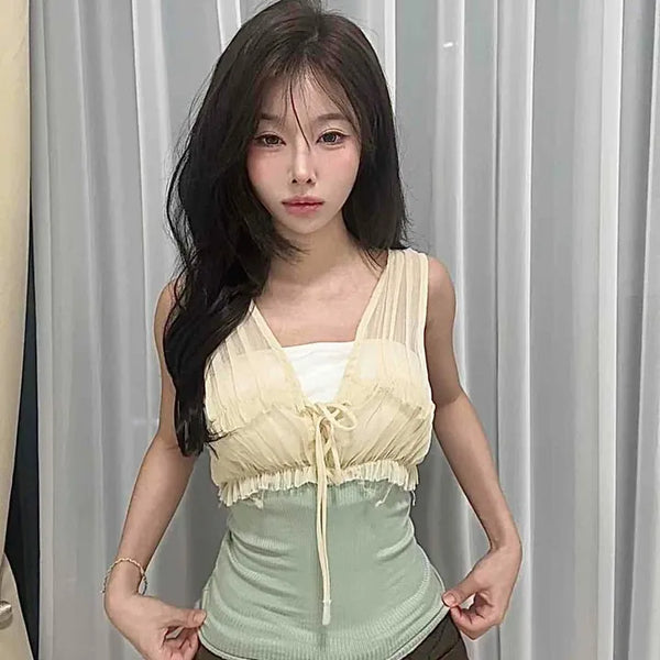 Lace Shirred Ribbon Ribbed Square Neck Slim Fit Strap Sleeveless