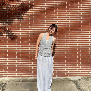 Striped Frill Elastic String Loose Fit Pajama Long Pants
