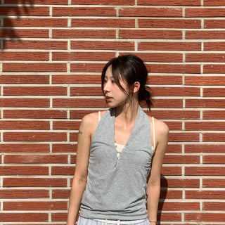 Halter Neck V-Neck Bustier Button Drape Cotton Sleeveless