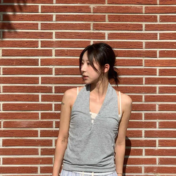 Halter Neck V-Neck Bustier Button Drape Cotton Sleeveless