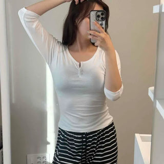 Henley Neck Button Slim Fit Non-See-through Stretchy Long Sleeve T-shirt