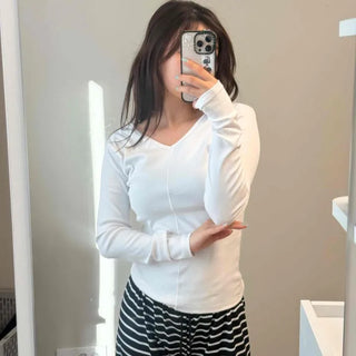 Ribbed V-neck Cotton Tencel Slim Fit Long Sleeve T-shirt