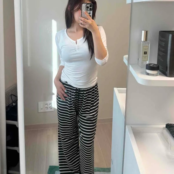Striped Tracksuit Elastic Wide Couple Long Pants