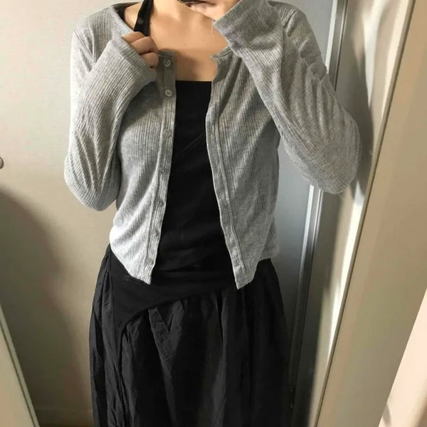 Ribbed See-through Round Neck Crop Knit Cardigan