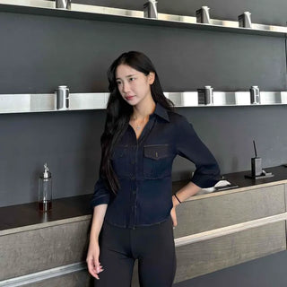 Turn-up V-Cut Pocket Slim 3/4 Sleeve Denim Shirt