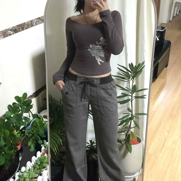 Contrast Elastic Waist Loose Fit Wide Low-Rise Pocket Long Pants