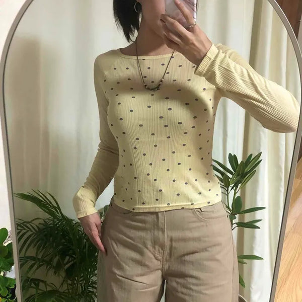 Dot See-through Boat Neck Slim Fit Knit Inner Long Sleeve T-shirt