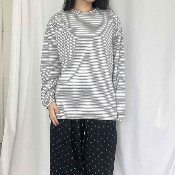 Striped Drop Shoulder Contrast Slit Round Neck Oversized Long Sleeve T-shirt
