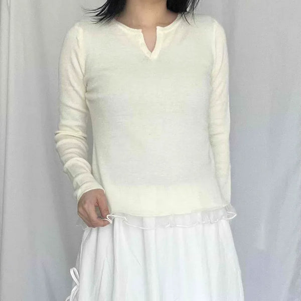 Wool Ribbed Henley Neck Button Frill Slit Slim Fit Layered Knit