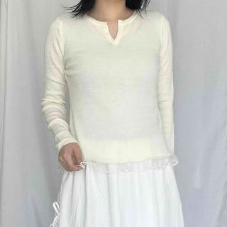 Wool Ribbed Henley Neck Button Frill Slit Slim Fit Layered Knit