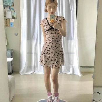 Chiffon Ribbon V-Neck Layered Flare Slim Fit Mini Dress