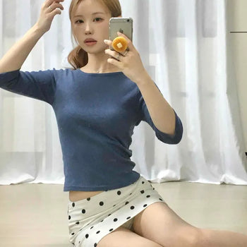 Stretchy Cotton Round Neck Slim Fit 3/4 Sleeve Short T-shirt