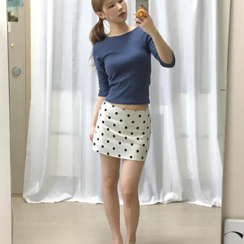Dot Cotton Skort Low-Rise Button Mini Skirt