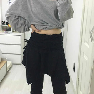 Cotton String Shirred Tassel Asymmetrical Wrapping Layered Flare Skort Mini Skirt