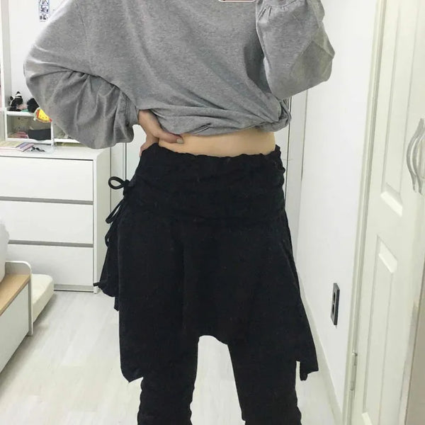 Cotton String Shirred Tassel Asymmetrical Wrapping Layered Flare Skort Mini Skirt