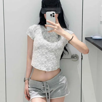 Flower Bead Lace Mesh See-through Crop Slim Fit Round Neck Short Sleeve T-shirt