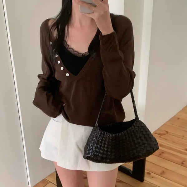 Clinky Button Deep V-Neck Loose Fit Knit