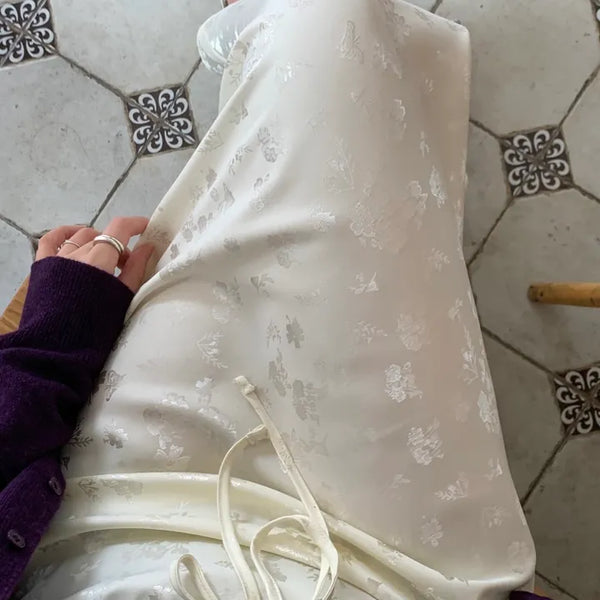 Libera Satin Flower Embroidery Elastic Waist Long Skirt