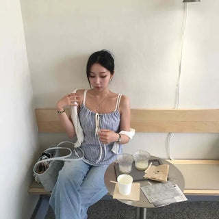 Square Neck Ribbon String Shirred Striped Layered Delicate Fit Sleeveless