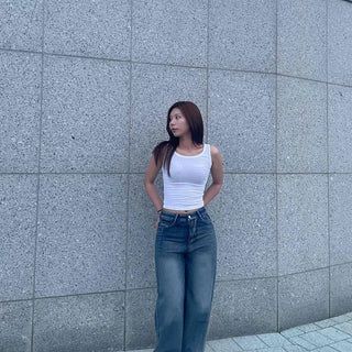 Embroidered Patch Washed Loose Fit Wide Jeans