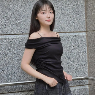 Boat Neck Cap Sleeve Shirred Spandex Slim Fit Short Sleeve T-shirt