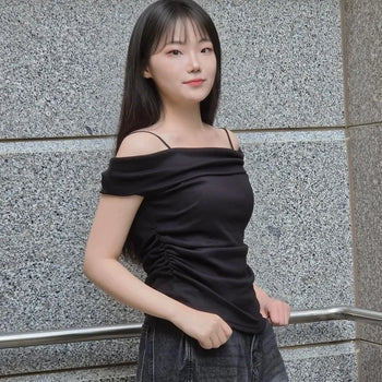 Boat Neck Cap Sleeve Shirred Spandex Slim Fit Short Sleeve T-shirt
