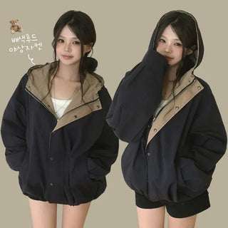 Contrast Hooded High Neck Drawstring Boxy Oversized Field Work Jacket Jumper
