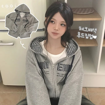 Effortlessly chic, Check Color Block 3D Embroidery Lettering Two-way Avant-garde Loose Fit Transitional Season Zip-up Hoodie
