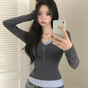 One-piece Sleeveless Layered V-neck Slim Fit Long Sleeve T-shirt
