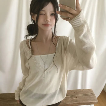 Deep V-neck Button See-through Raglan Avant-garde Loose Fit Transitional Long Sleeve Knit
