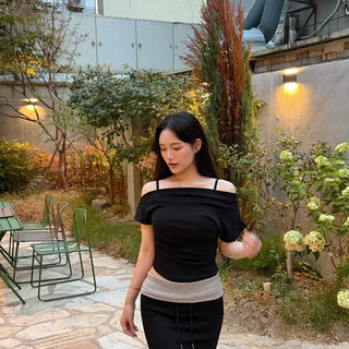 Stretchy Cotton Boat Neck Cap Sleeve Shirred Drape Crop Slim Fit Short Sleeve T-shirt