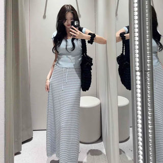 Striped Short Sleeve Crop Knit Elastic Maxi Two-Piece