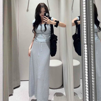 Striped Short Sleeve Crop Knit Elastic Maxi Two-Piece