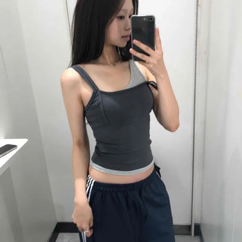 Ribbed Square Neck Asymmetrical Color Block Slim Fit Knit Sleeveless