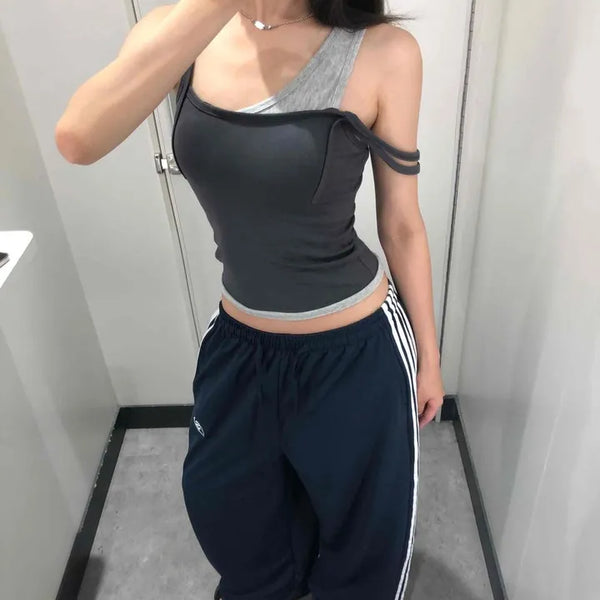 Track Line String Pocket Low-Rise Wide Long Pants