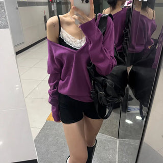 [Delicate Fit Ver.] Fleece Deep Off-Shoulder V-Neck Knit