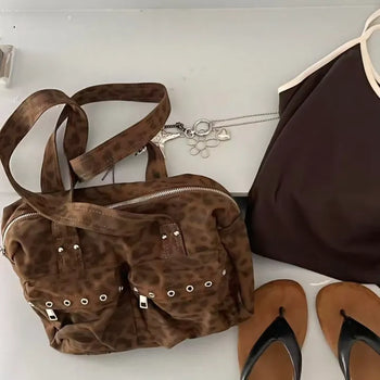 Leopard print two-pocket shoulder bag