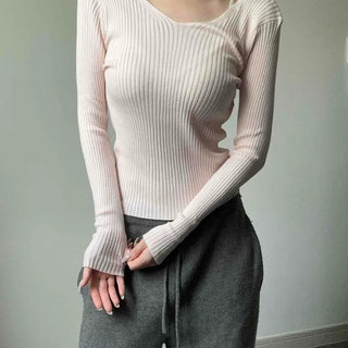 U-Neck Ribbed Stretchy Slim Fit Delicate Fit Long Sleeve Knit T-shirt