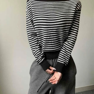 Wool Boat Neck Slim Fit Striped Long Sleeve Knit