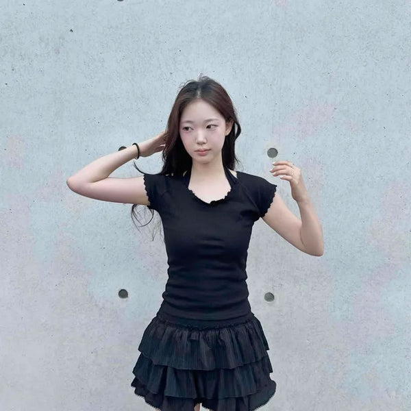 High-Waisted Tiered Frill Polyester Mini Skirt with Built-in Shorts