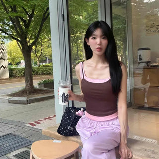 Double-layered Square Neck Ribbed Semi-Crop Sleeveless Top with Built-in Cap Contrast