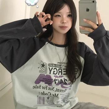 Guaranteed Cuteness, Contrast Raglan Energy Lettering Print Round Neck Boxy Oversized Sweatshirt Long Sleeve T-shirt