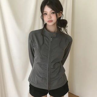 Guaranteed Fit, High-Neck Button Eyelet Two-Way Transitional Biker Shirred Jacket Jumper