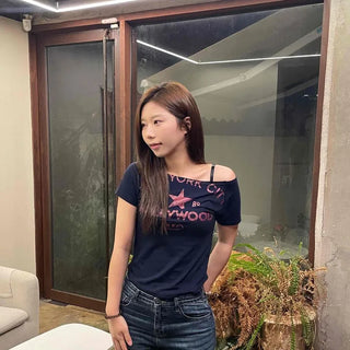 Boat Neck Printed Crop Slim Fit Short Sleeve T-shirt